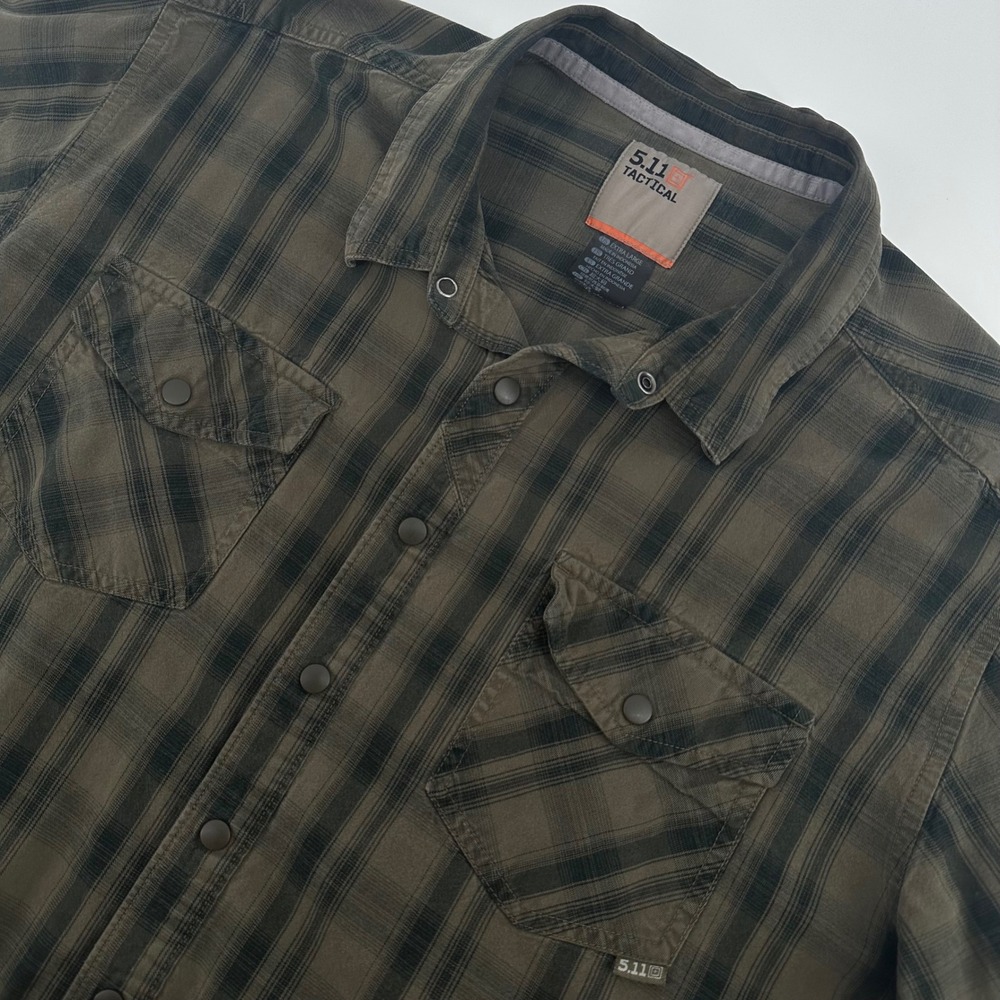 5.11 Tactical Mens XL Olive Green Plaid Snap Front Long Sleeve Cotton Shirt